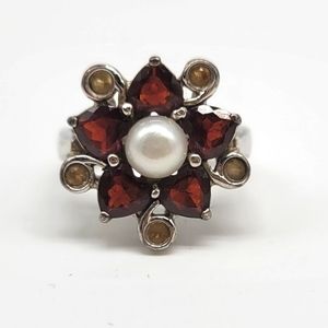 Genuine Garnet, Citrine and White Pearl Flower Statement Ring in Sterling Silver
